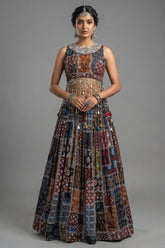 Multi-Colored Crepe Silk Printed Indo-Western Crop Top and Skirt Set