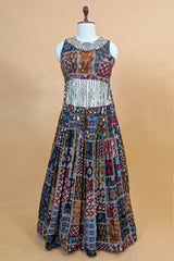 Multi-Colored Crepe Silk Printed Indo-Western Crop Top and Skirt Set