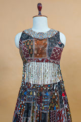 Multi-Colored Crepe Silk Printed Indo-Western Crop Top and Skirt Set