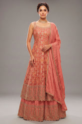 Rose Gold Pink Chinon Tissue Woven Anarkali Palazzo Suit