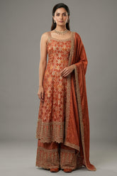 Rose Gold Pink Chinon Tissue Woven Anarkali Palazzo Suit