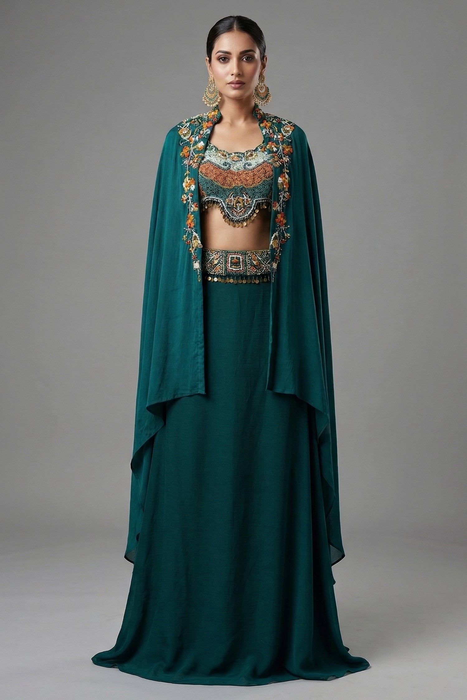 Bottle Green Crepe Satin Silk Skirt Set with Jacket - Front View