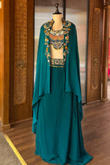 Bottle Green Crepe Satin Silk Skirt Set with Jacket featuring a high-fashion layered look