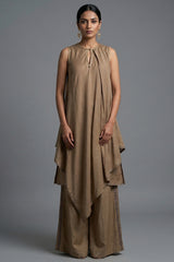 Beige Cotton Silk Solid Co-Ord Set