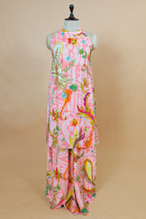 Pink Crepe Silk Digital Floral Printed Halter Neck Co-Ord Set featuring lightweight, breezy trousers