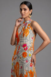 Close-up of the botanical digital print on the Grey Crepe Silk Floral Printed Halter Neck Co-Ord Set