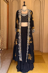 Black Chinon Chiffon Floral Printed Cape Set featuring a digital floral printed jacket