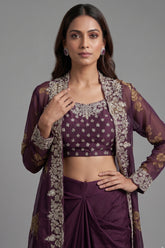 Close-up of beadwork and sequins on the Wine Purple Chinon Chiffon Floral Printed Cape Set