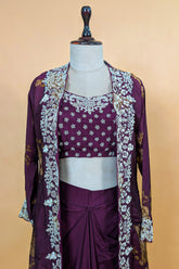 Wine Purple Chinon Chiffon Floral Printed Cape Set paired with a draped skirt