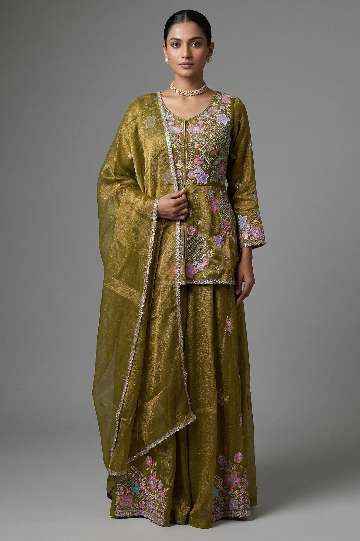 Olive Green Glass Tissue Floral Embroidered Peplum Style Palazzo Suit - red saree embroidered