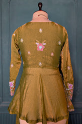Olive Green Glass Tissue Floral Embroidered Peplum Style Palazzo Suit - red saree embroidered