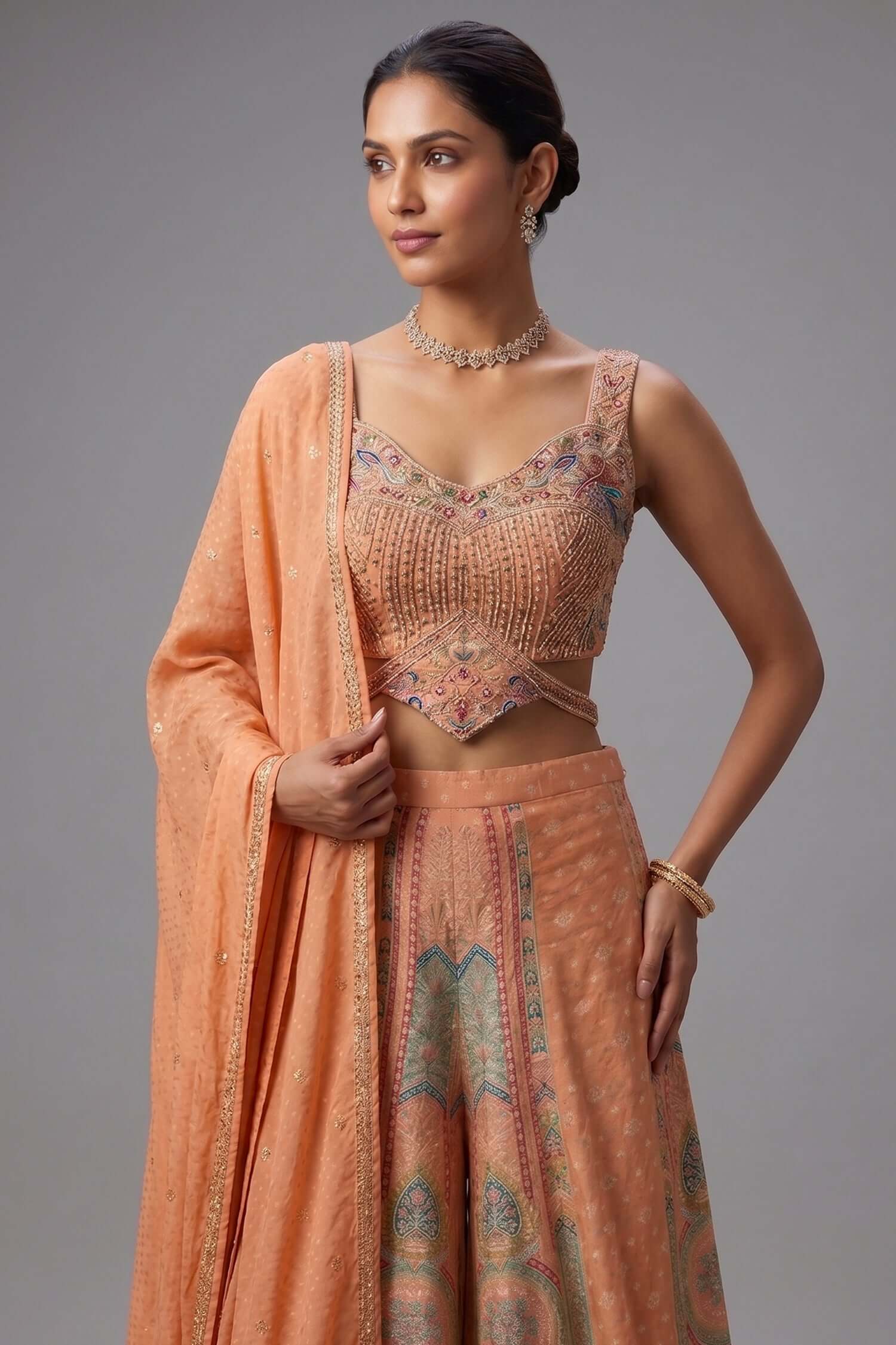 Light Peach Art Silk Embroidered Crop Top Palazzo Set - red silk saree embroidered