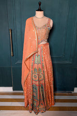 Light Peach Art Silk Embroidered Crop Top Palazzo Set - red silk saree embroidered