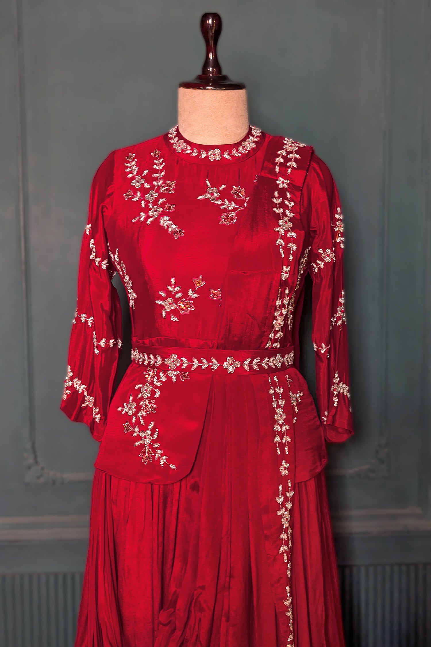 Red Chinon Silk Cutdana Beaded Peplum Skirt Set with Attached Dupatta - red silk saree