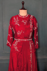 Red Chinon Silk Cutdana Beaded Peplum Skirt Set with Attached Dupatta - red silk saree