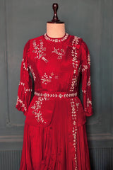 Red Chinon Silk Cutdana Beaded Peplum Skirt Set with Attached Dupatta - red silk saree