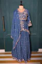 Light Blue Chinon Silk Embroidered Slit Peplum Lehenga Set - red silk saree embroidered