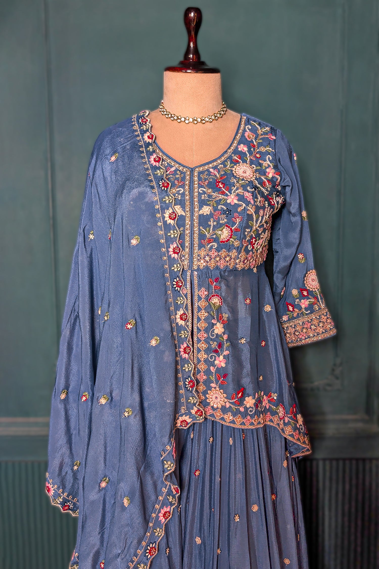 Light Blue Chinon Silk Embroidered Slit Peplum Lehenga Set - red silk saree embroidered