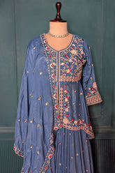 Light Blue Chinon Silk Embroidered Slit Peplum Lehenga Set - red silk saree embroidered
