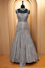 Grayish-Taupe Couture Heavily Hand-Embroidered Evening Gown