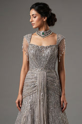 Grayish-Taupe Couture Heavily Hand-Embroidered Evening Gown