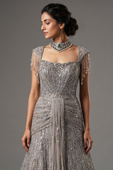 Grayish-Taupe Couture Heavily Hand-Embroidered Evening Gown