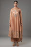 Shimmering Salmon Pink Tissue Anarkali Suit with Ornate Zardosi Yoke and Brocade Border