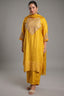 Mustard Yellow Gaji Silk Straight Suit with Geometric Gota Patti Yoke and Bandhej Print