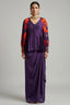 Purple Raw Silk Peplum Top with Draped Skirt and Printed Jacket