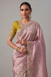 Dusty Pink Moroccan Jaal Woven Saree in Banarasi Kanchipuram Silk with Embroidery Butti Work On Border - pink silk saree embr