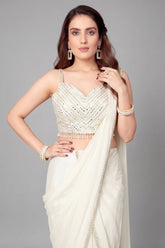 Off White Chinon Silk Readymade Lehenga Saree with Lace Work - white silk saree