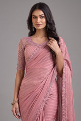 Light Pink Georgette Silk Saree with Lace Work - pink silk saree