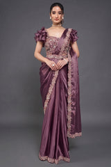 Lavender Crepe Satin Silk Readymade Saree with Beads Embroidery Lace and Pentagon Neckline Blouse - lavender silk saree embro