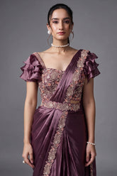 Lavender Crepe Satin Silk Readymade Saree with Beads Embroidery Lace and Pentagon Neckline Blouse - lavender silk saree embro