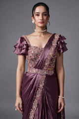 Lavender Crepe Satin Silk Readymade Saree with Beads Embroidery Lace and Pentagon Neckline Blouse - lavender silk saree embro