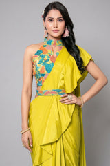 Satin Crepe Silk Plain Ruffled Readymade Saree with Halter Neck Blouse - silk saree