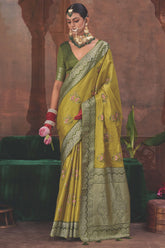 Mustard Green Silk Woven Saree with Contrast Border and Pallu