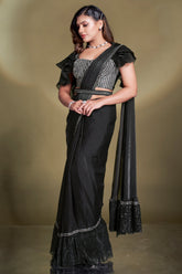 Black Two Toned Satin Silk Ready to Wear Saree with Embellished Blouse