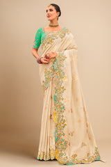 Cream Silk Woven Saree with Sequin and Embroidered Border