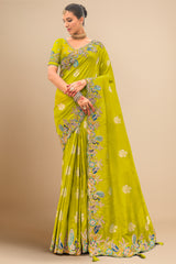 Parrot Green Silk Woven Butta Saree with Embroidery Border