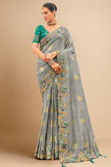 Grey Silk Woven Butta Saree with Embroidery Border