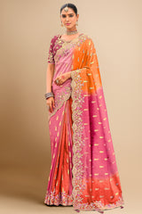 Pink and Orange Silk All Over Woven Saree with Sequin Embroidery Work