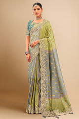 Grey and Green Silk All Over Woven Saree with Sequin Embroidery Work