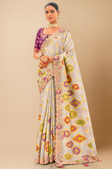 Grey Silk Animal and Bird Motif Woven Butta Saree with Sequin Embroidery Work