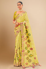Green Silk Animal and Bird Motif Woven Butta Saree with Sequin Embroidery Work
