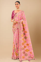 Pink Silk Animal and Bird Motif Woven Butta Saree with Sequin Embroidery Work