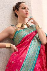 Pink Semi Silk Woven Saree with Contrast Pallu and Border