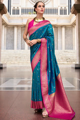 Rama Blue Semi Silk Woven Saree with Contrast Pallu and Border