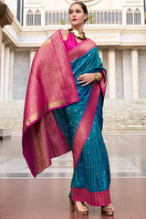 Rama Blue Semi Silk Woven Saree with Contrast Pallu and Border