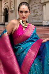 Rama Blue Semi Silk Woven Saree with Contrast Pallu and Border